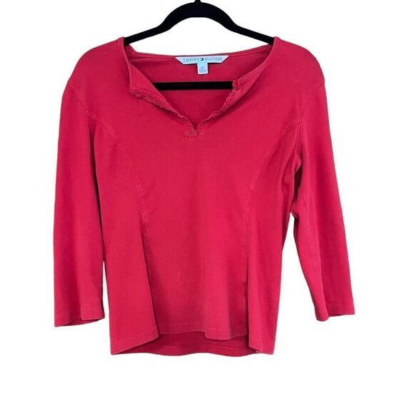 TOMMY HILFIGER Red V-Neck Blouse W/ Frill Trim Size Medium - Picture 1 of 5
